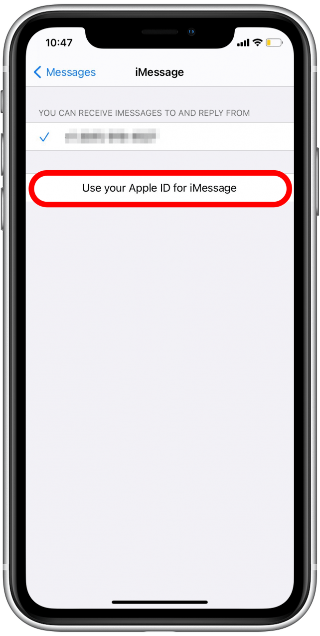 Toque Use su ID de Apple para mensajes para corregir el error de iMessage