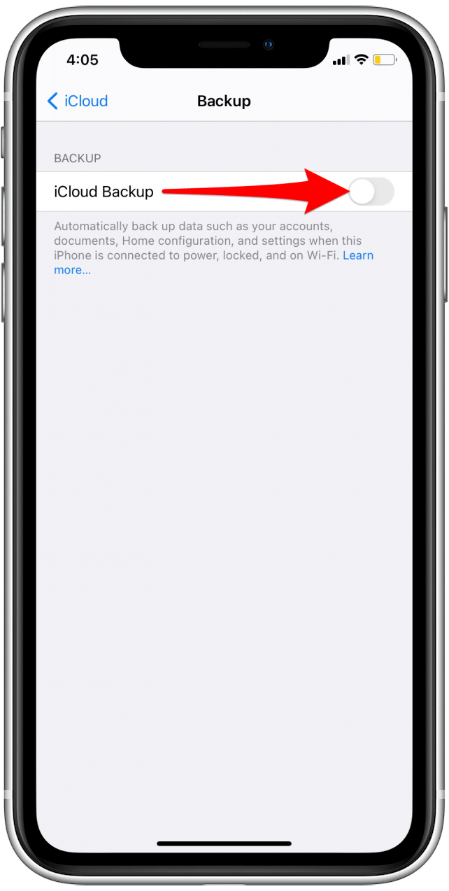 Toque la palanca para habilitar iCloud Backup