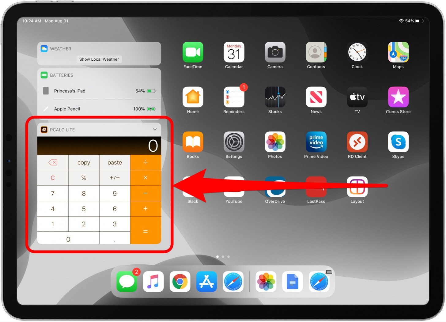 Calculadora de iPad: widget de calculadora PCalc visible en la vista Hoy del iPad