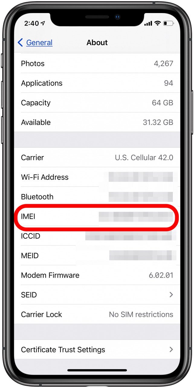 número imei de iphone en la sección acerca de la configuración general del iphone