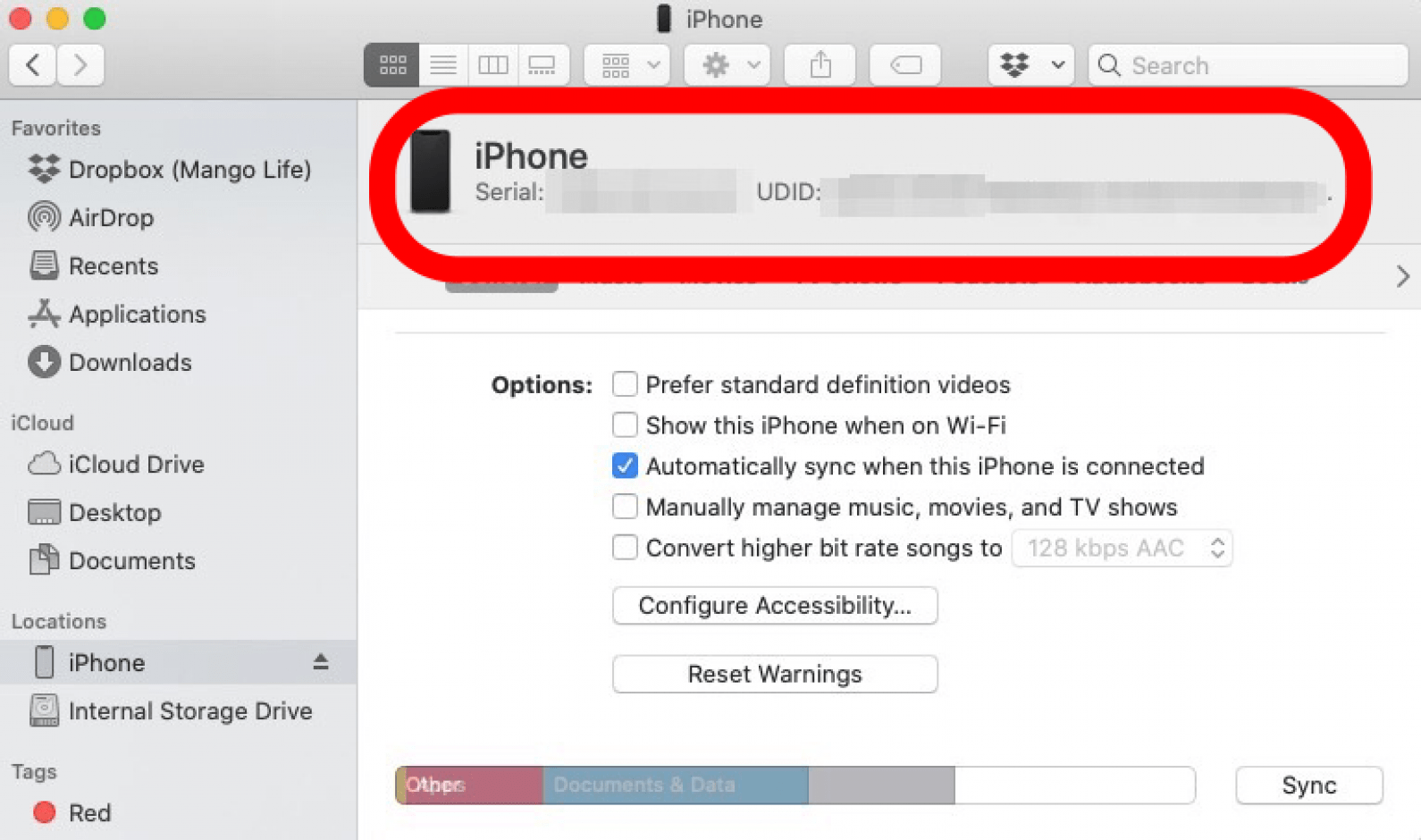 haga clic en el nombre del iphone para revelar el número de serie
