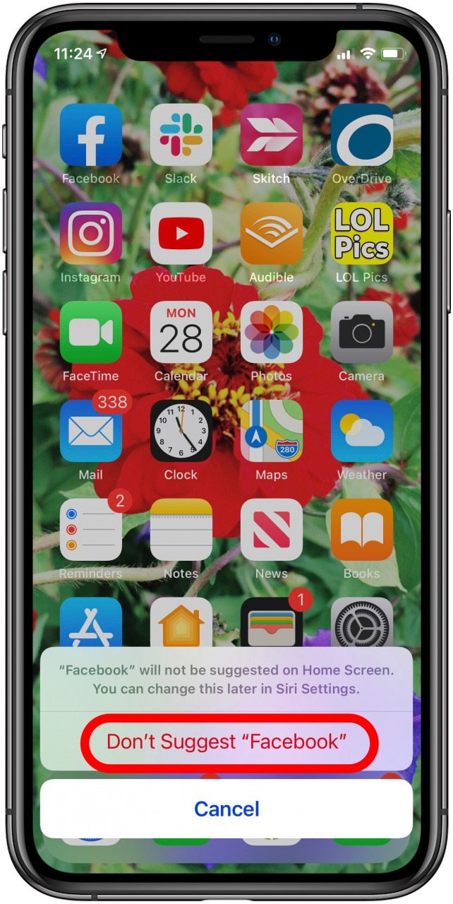confirme que desea eliminar la aplicación de las sugerencias de siri