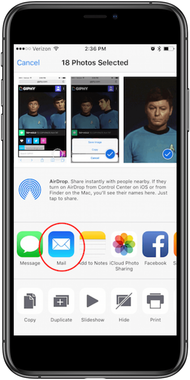 tap the mail app icon to send your photos