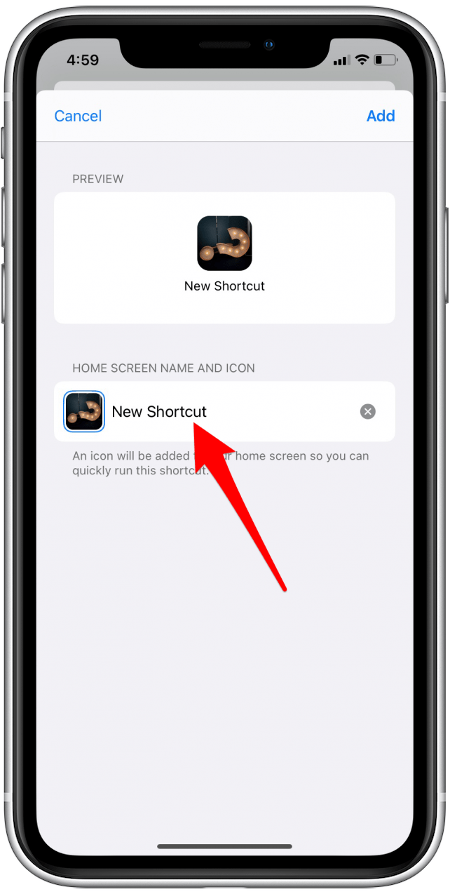 Toque Nuevo acceso directo para cambiar el nombre