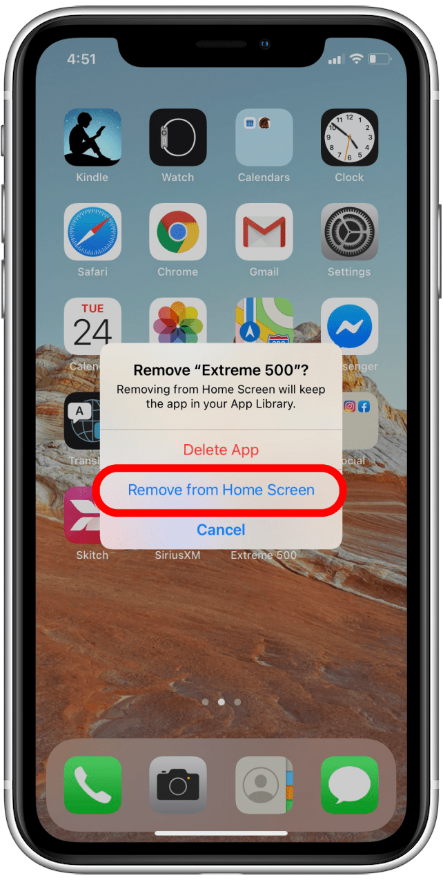 Seleccione Eliminar de la pantalla de inicio