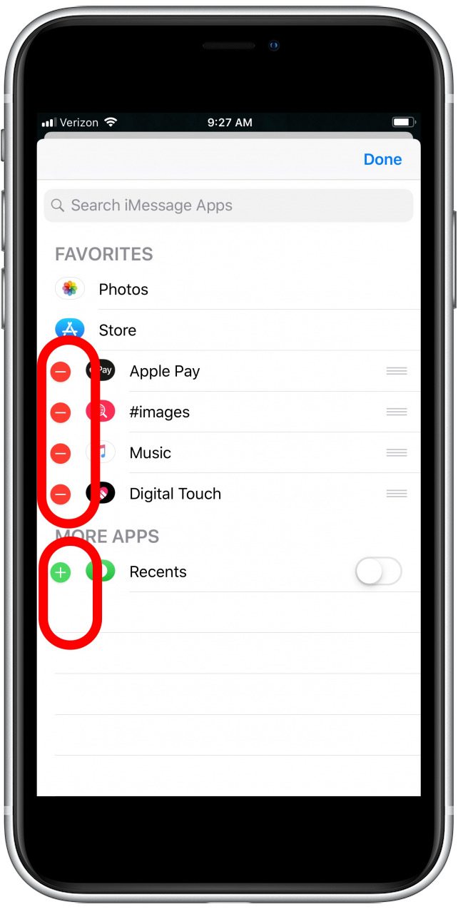 una lista de extensiones de aplicación en la aplicación de mensajes