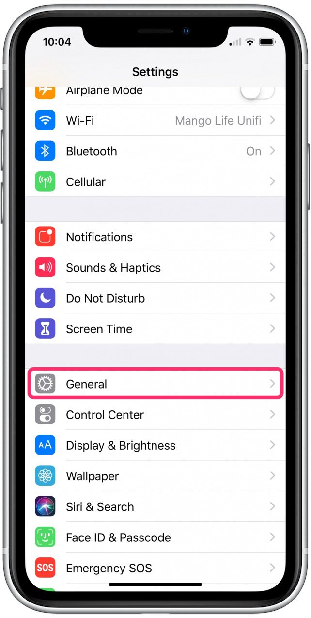 Una imagen de la pantalla de configuración del iPhone con la categoría General en un círculo.