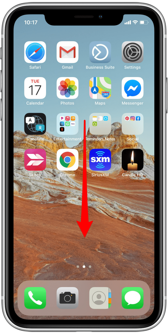 Desliza el dedo hacia abajo desde el centro de la pantalla de inicio para acceder a Buscar