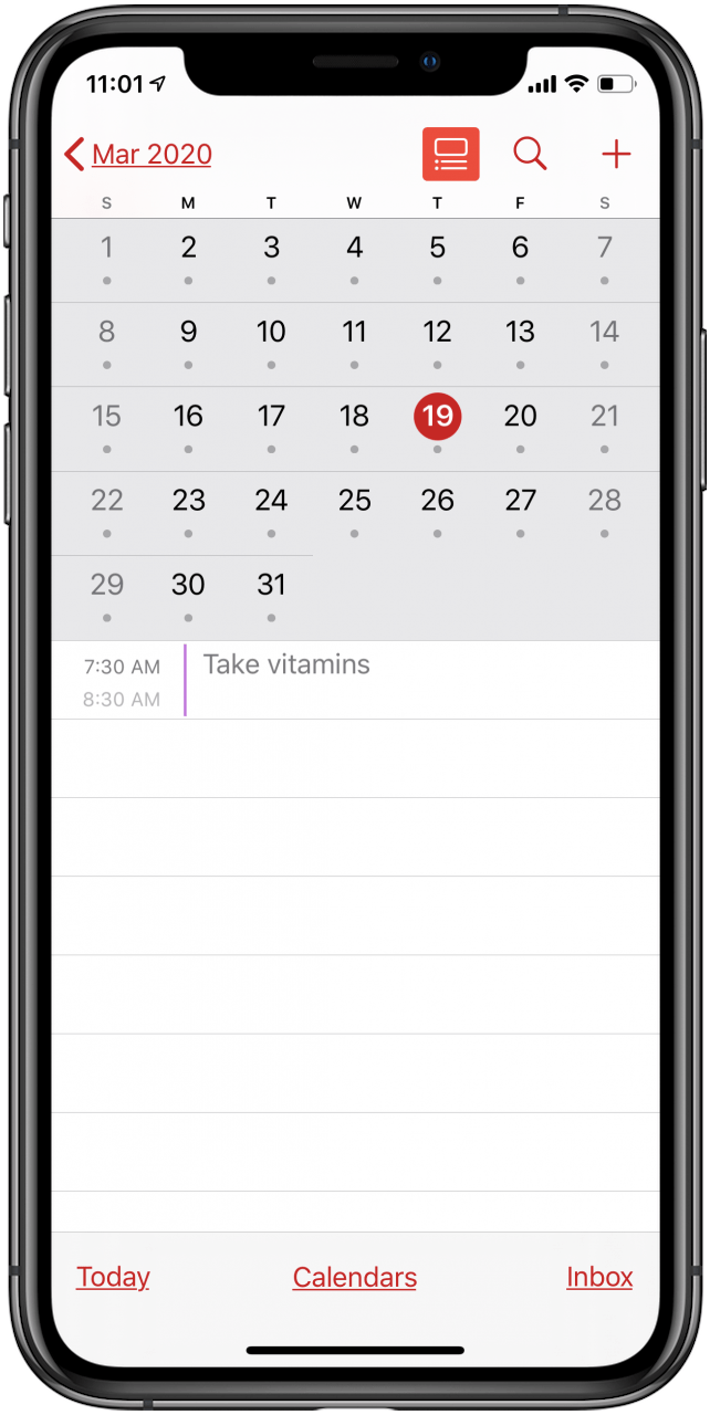 vista de lista en la aplicación de calendario