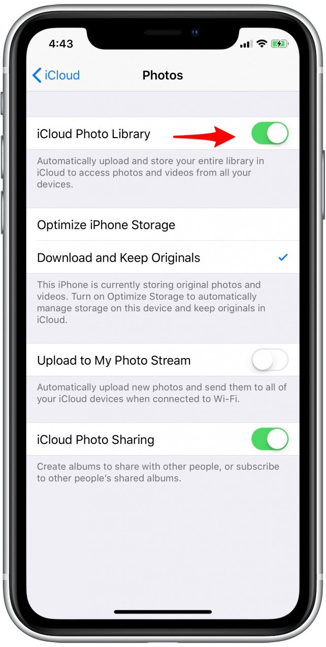 Captura de pantalla de iCloud Photo Library alternar dentro de la configuración de Fotos