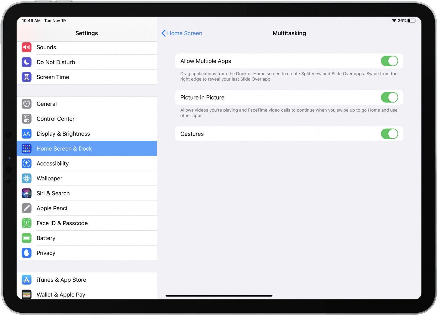 opciones multitarea en la configuración del ipad