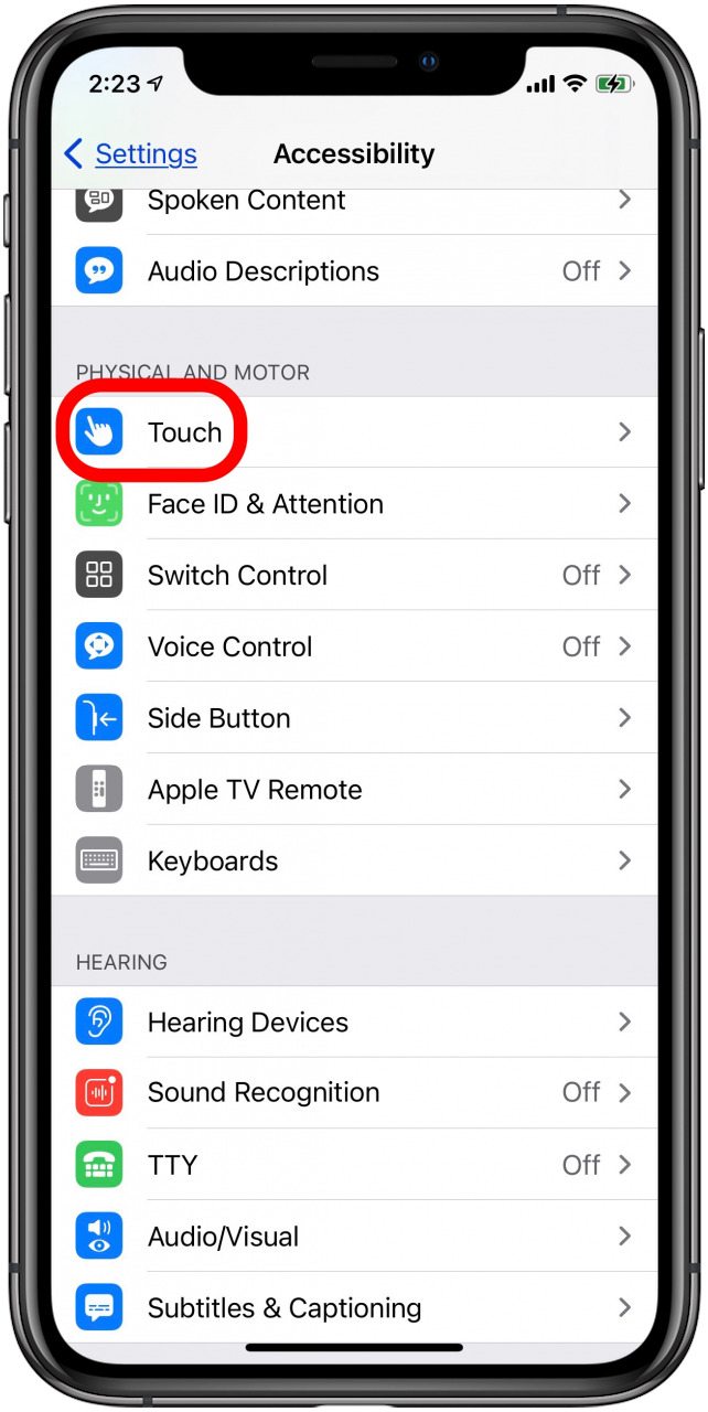 configuración de accesibilidad de iphone touch