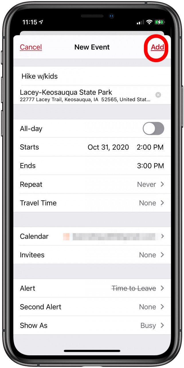 toca agregar para terminar de crear tu evento de calendario