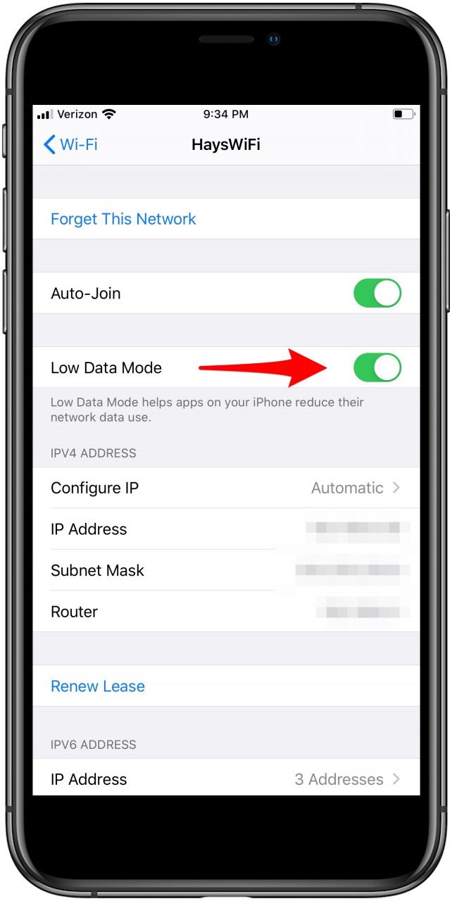 iphone en modo de datos bajos