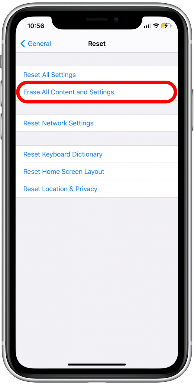 Toque Borrar todo el contenido y la configuración