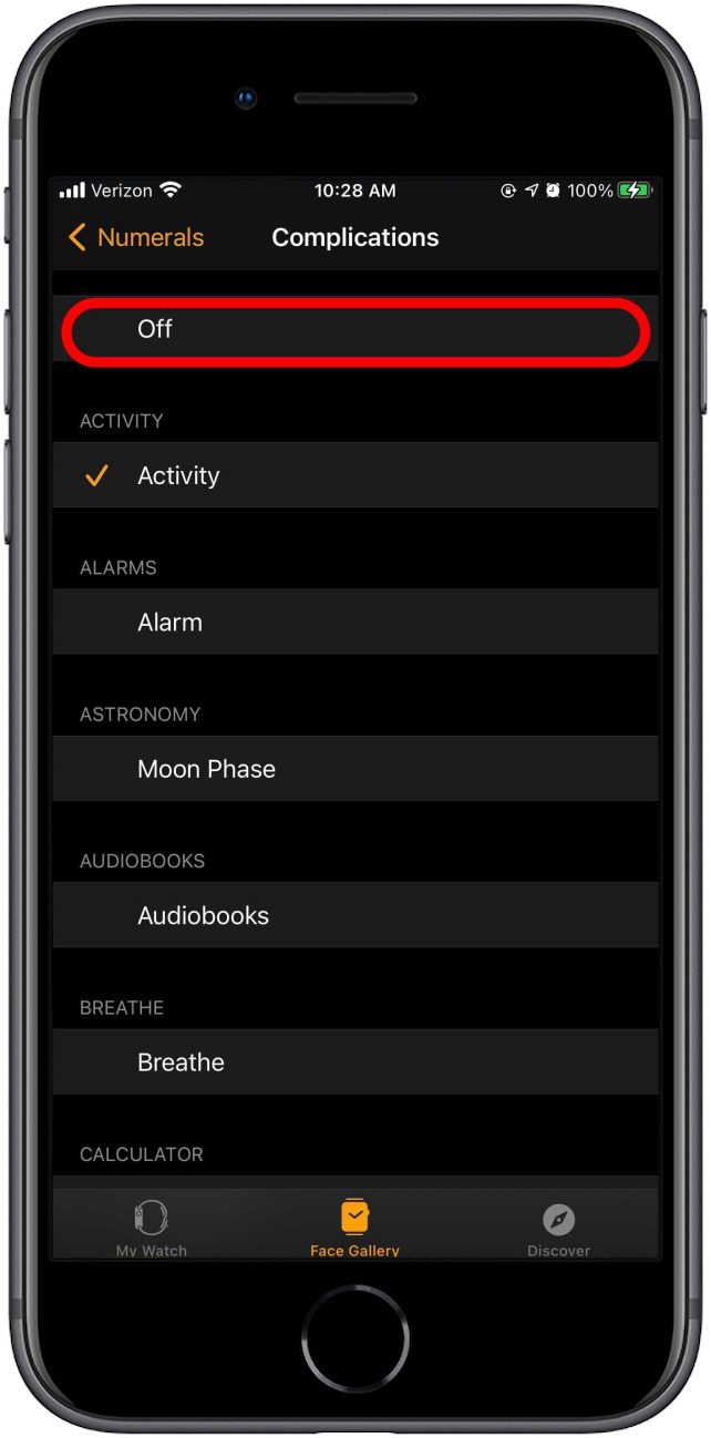 Tap on Off at the top of the screen to turn off complications and save Apple Watch battery life