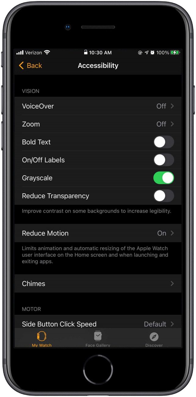 Grayscale is on when the toggle is green
