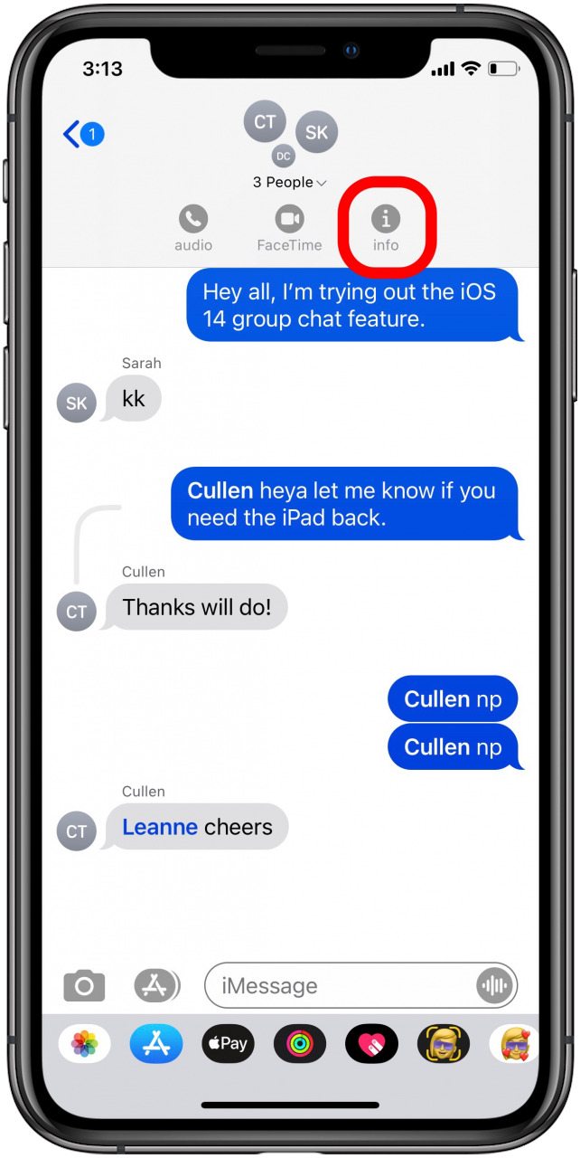 icono de información en el chat grupal