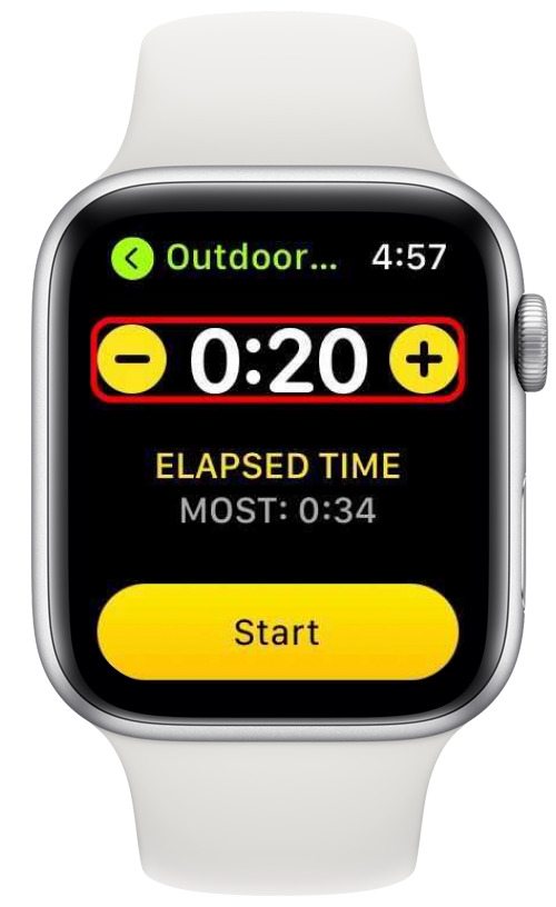 Ajuste el tiempo con los botones más y menos para establecer un entrenamiento de 20 minutos