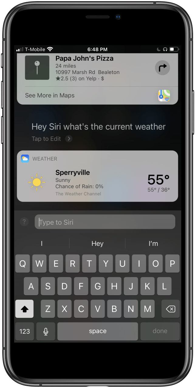 Desliza hacia abajo en la pantalla de Siri para ver tu historial de búsqueda