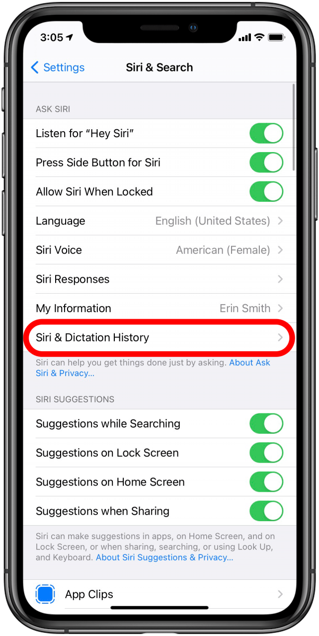 Toca Siri y el historial de dictados