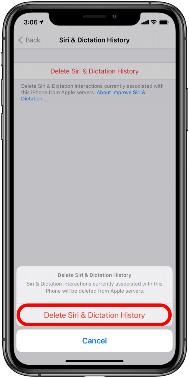 Confirme tocando Eliminar Siri e historial de dictado en la parte inferior