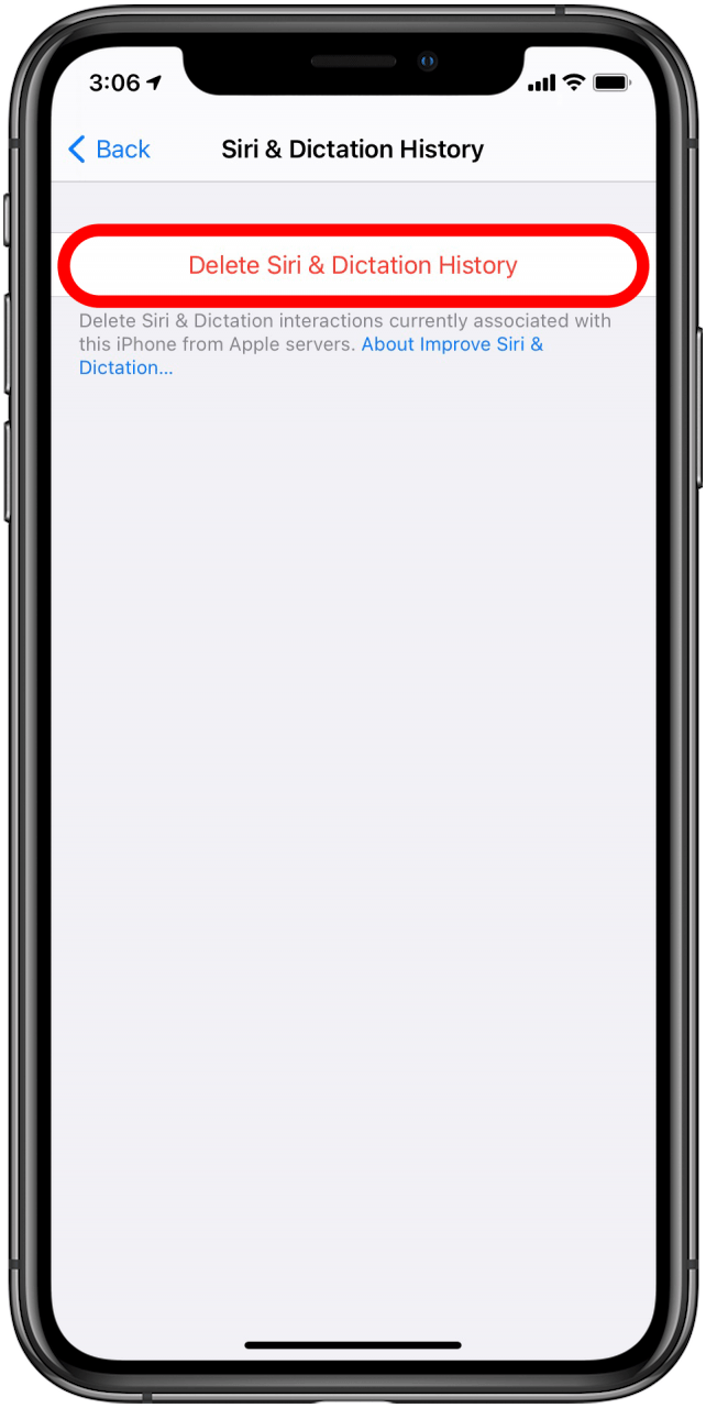 Seleccione Eliminar Siri y el historial de dictado
