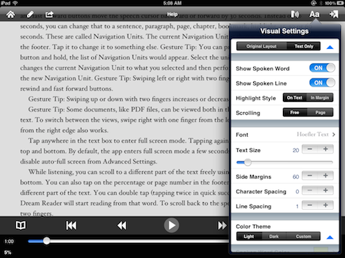 Organizar el aspecto del texto en Voice Dream Reader