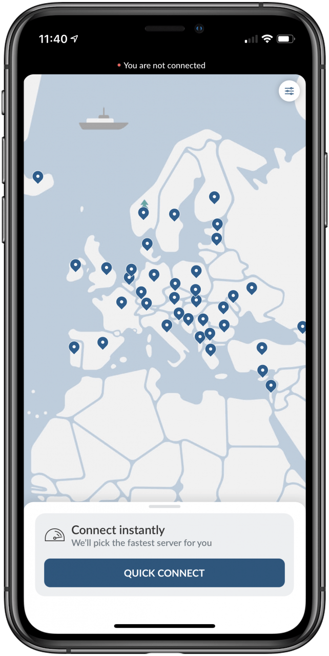 Aplicación VPN: NordVPN es la mejor aplicación VPN de su clase para iOS y iPadOS.  Esta imagen muestra un mapa de las ubicaciones de sus servidores