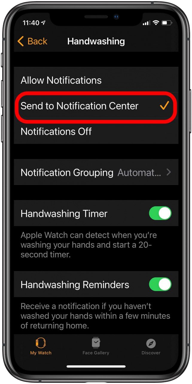 Enviar notificaciones de lavado de manos al Centro de notificaciones