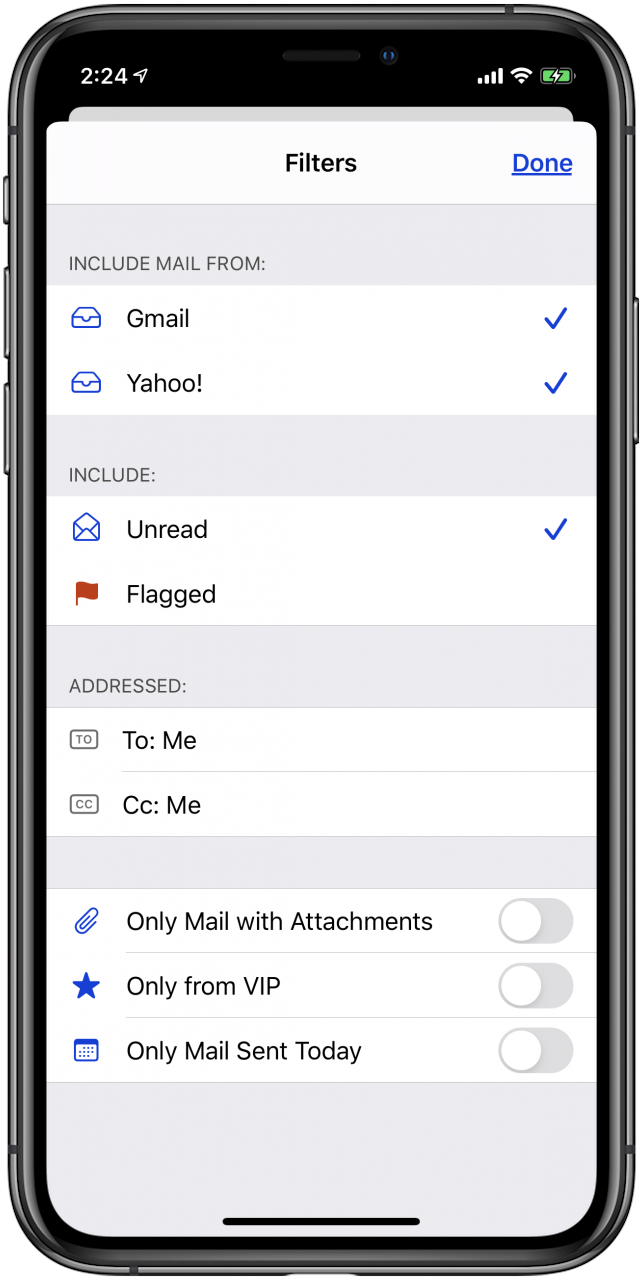 opciones de filtro de correo electrónico en iphone