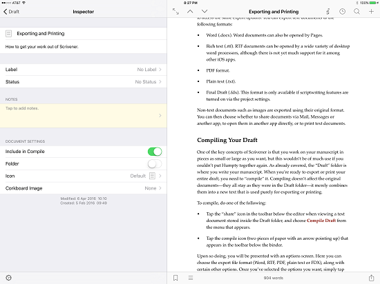 Opciones de iPad Scrivener